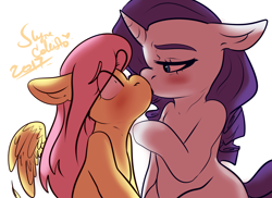 Size: 1828x1332 | Tagged: safe, artist:slynecallisto, character:fluttershy, character:rarity, ship:rarishy, blushing, female, floppy ears, kissing, lesbian, pinpoint eyes, shipping, simple background, spread wings, surprise kiss, wide eyes, wingboner, wings