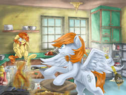 Size: 1854x1400 | Tagged: safe, artist:redheadfly, oc, oc only, oc:dynamo sparks, oc:fuego, species:pegasus, species:pony, cabinet, commission, cute, duo, female, fire, indoors, kitchen, looking at each other, mare, mess, mother and daughter, open mouth, sitting, stove