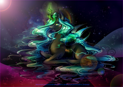 Size: 4092x2893 | Tagged: safe, artist:minamikoboyasy, character:queen chrysalis, species:changeling, absurd resolution, changeling queen, female, glowing horn, lidded eyes, long mane, long tail, looking at you, prone, solo, stars, sun
