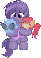 Size: 5461x7799 | Tagged: safe, artist:plone, oc, oc only, oc:codpone, oc:lacy, oc:panne, species:bat pony, species:pony, absurd resolution, cute, eyes closed, fangs, female, filly, holding a pony, hug, simple background, sitting, smiling, transparent background