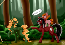 Size: 4500x3100 | Tagged: safe, artist:pinktabico, oc, oc only, species:pegasus, species:pony, species:unicorn, absurd resolution, commission, dialogue, eyes closed, female, filly, forest, male, mare, open mouth, raised hoof, scenery, smiling, speech bubble, stallion, trap, trio, watch out