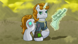 Size: 1920x1080 | Tagged: safe, artist:anscathmarcach, oc, oc only, oc:littlepip, species:pony, species:unicorn, fallout equestria, g3, clothing, commission, fanfic, fanfic art, female, g4 to g3, generation leap, glowing horn, gun, handgun, little macintosh, magic, mare, pipbuck, revolver, solo, telekinesis, vault suit, weapon