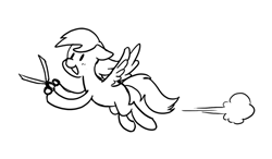 Size: 713x416 | Tagged: safe, artist:zicygomar, part of a set, character:derpy hooves, species:pegasus, species:pony, black and white, female, flying, grayscale, monochrome, running with scissors, scissors, simple background, solo, this will end in tears, this will end in tears and/or death, white background