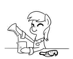 Size: 597x479 | Tagged: safe, artist:zicygomar, part of a set, character:derpy hooves, species:pegasus, species:pony, beaker, black and white, chemistry, erlenmeyer flask, eyes closed, female, flask, goggles, grayscale, monochrome, science, simple background, smiling, solo, this will end in tears, this will end in tears and/or death, white background