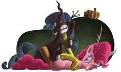 Size: 900x539 | Tagged: safe, artist:fiddlearts, character:discord, character:pinkie pie, character:queen chrysalis, character:rarity, species:earth pony, species:pony, species:unicorn, costume, cutie mark, duo, fangs, female, horn, looking at each other, lying down, on back, one eye closed, pumpkin, smiling, wink