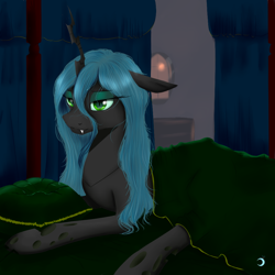 Size: 1000x1000 | Tagged: safe, artist:ruanshi, character:queen chrysalis, species:changeling, bed, bedroom eyes, changeling queen, female, morning, morning ponies, solo