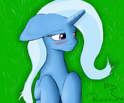 Size: 6000x5000 | Tagged: safe, artist:ruanshi, character:trixie, species:pony, species:unicorn, absurd resolution, blushing, female, floppy ears, grass, lidded eyes, on back, open mouth, solo