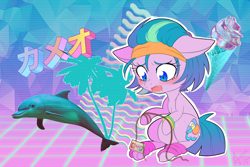 Size: 1000x667 | Tagged: safe, artist:curiouskeys, oc, oc only, oc:cyber mist, species:earth pony, species:pony, 80s, 80s hair, cassette tape, chibi, commission, solo, vaporwave