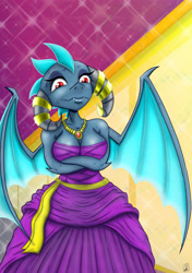Size: 3541x5016 | Tagged: safe, artist:dinodraketakethecake, character:princess ember, species:anthro, species:dragon, absurd resolution, breasts, busty princess ember, cleavage, clothing, crossed arms, dress, female, gala dress, jewelry, queen, solo