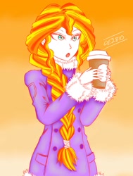 Size: 1091x1446 | Tagged: safe, artist:dragonemperror2810, character:sunset shimmer, my little pony:equestria girls, alternate hairstyle, braid, clothing, coat, coffee, cup, female, gradient background, human coloration, open mouth, signature, solo, winter outfit