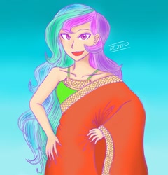 Size: 1390x1446 | Tagged: safe, artist:dragonemperror2810, character:princess celestia, species:human, beautiful, clothing, female, gradient background, humanized, sari, solo