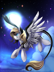 Size: 800x1051 | Tagged: safe, artist:thenornonthego, oc, oc only, oc:oculus, species:pegasus, species:pony, cloud, commission, female, flying, full moon, mare, moon, night, night sky, smiling, solo, stars, ych result