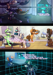 Size: 1024x1449 | Tagged: safe, artist:crownedspade, oc, oc only, oc:arabella, species:bat pony, species:earth pony, species:pegasus, species:pony, species:unicorn, comic:spade sisters, clothing, comic, dialogue, female, hammock, headphones, male, mare, socks, stallion, sweater, television, weights