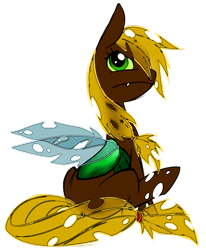 Size: 600x728 | Tagged: safe, artist:sakuyamon, character:applejack, species:changeling, brown changeling, changelingified, female, looking over shoulder, simple background, sitting, solo, species swap, transparent background