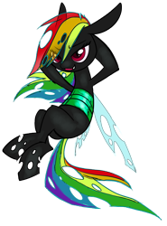 Size: 3900x5261 | Tagged: safe, artist:sakuyamon, character:rainbow dash, species:changeling, absurd resolution, changelingified, dashling, female, hooves behind head, simple background, solo, species swap, transparent background