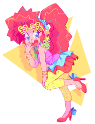 Size: 1156x1516 | Tagged: safe, artist:sharmie, character:gummy, character:pinkie pie, episode:friendship through the ages, equestria girls:rainbow rocks, g4, my little pony: equestria girls, my little pony:equestria girls, alternate hairstyle, clothing, cute, diapinkes, glasses, high heels, leggings, looking at you, new wave pinkie, open mouth, ponytail, skirt, smiling