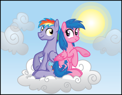Size: 4249x3296 | Tagged: safe, artist:inkrose98, character:firefly, character:rainbow blaze, species:pegasus, species:pony, ship:fireblaze, g1, absurd resolution, cloud, cute, eye contact, female, g1 to g4, generation leap, looking at each other, looking back, male, mare, raised hoof, shipping, sitting, sky, smiling, stallion, straight, sun, underhoof