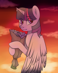 Size: 2000x2500 | Tagged: safe, artist:chickenbrony, character:twilight sparkle, character:twilight sparkle (alicorn), species:alicorn, species:pony, bouquet, cute, female, flower, international women's day, looking back, open mouth, simple background, smiling, solo