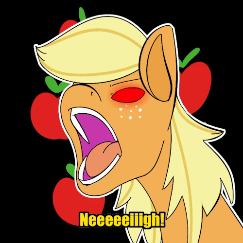 Size: 500x500 | Tagged: safe, artist:koportable, character:applejack, species:earth pony, species:pony, angry, angry horse noises, animated, black background, bust, dragon ball z, female, freckles, gif, glowing eyes, goku, hatless, hoers, horse noises, horses doing horse things, mare, missing accessory, neigh, oozaru, open mouth, red eyes, roar, silly, silly pony, simple background, solo, transformation, whinny, who's a silly pony