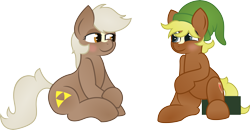 Size: 6159x3198 | Tagged: safe, artist:plone, character:quarter hearts, species:earth pony, species:pony, absurd resolution, bedroom eyes, blushing, clothing, cute, epona, eponadorable, eye contact, female, hat, link, looking at each other, male, mare, ponified, quarterbetes, simple background, smiling, stallion, the legend of zelda, transparent background, vector