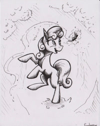 Size: 1743x2182 | Tagged: safe, artist:fanch1, character:sweetie belle, species:pony, species:unicorn, fairy, forest, inked, pixie, sketch, smiling, traditional art