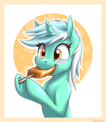 Size: 600x693 | Tagged: safe, artist:fanch1, character:lyra heartstrings, species:pony, species:unicorn, abstract background, background pony, blushing, bust, cute, eating, female, food, ice cream, lyrabetes, mare, smiling, solo