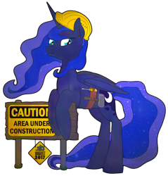 Size: 1280x1338 | Tagged: safe, artist:charrez, character:princess luna, species:alicorn, species:pony, belt, bipedal, bipedal leaning, caution sign, clothing, cutie mark, female, hammer, hard hat, hat, leaning, looking at you, rearing, screwdriver, sign, simple background, solo, toolbelt, transparent background, warning sign