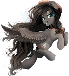 Size: 1580x1750 | Tagged: safe, artist:meotashie, oc, oc only, oc:louise, species:pegasus, species:pony, clothing, ear fluff, female, flying, hat, long mane, scarf, simple background, smiling, solo, transparent background