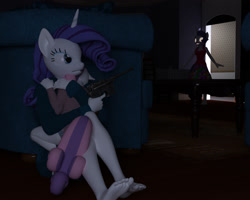Size: 2400x1920 | Tagged: safe, artist:jawolfadultishart, character:rarity, character:sweetie belle, species:anthro, species:plantigrade anthro, 3d, barefoot, bathrobe, blouse, clothing, dark, daz studio, dress, feet, glowing eyes, gun, hiding, horror, let us never speak of this again, mauser c96, not sfm, old shame, panties, protecting, this will end in pain and/or death, underwear, weapon