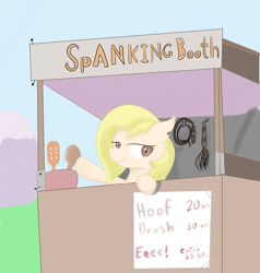 Size: 940x989 | Tagged: safe, artist:rusticanon, oc, oc only, oc:dizzy cream, species:bat pony, species:pony, booth, brush, cat o' ninetails, ear tufts, eeee, female, implied spanking, leaning, lidded eyes, looking at you, mare, smiling, solo, torn ear, whip