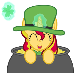 Size: 509x491 | Tagged: safe, artist:comfydove, artist:heartwarmer-mlp, artist:lil-lovey, character:sunset shimmer, species:pony, species:unicorn, bow tie, clothing, clover, cute, eyes closed, female, four leaf clover, glowing horn, hat, magic, mare, open mouth, pot of gold, saint patrick's day, shimmerbetes, smiling, solo, telekinesis