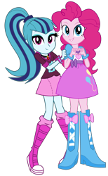 Size: 3760x6116 | Tagged: safe, artist:bubblestormx, character:pinkie pie, character:sonata dusk, my little pony:equestria girls, absurd resolution, balloon, boots, bracelet, clothing, cute, hands on arms, high heel boots, jewelry, looking at you, peekaboo, ponytail, simple background, skirt, sonatabetes, spikes, transparent background, vector