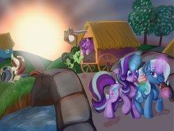 Size: 1024x770 | Tagged: safe, artist:veesocks, character:starlight glimmer, character:trixie, oc, oc:elyon, oc:spider solitare, oc:zipperfloat, species:pony, species:unicorn, female, food, friends, ice cream, mare, outdoors, painting, sunset, wagon