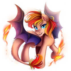 Size: 1800x1790 | Tagged: safe, artist:meotashie, oc, oc only, species:bat pony, species:pony, bat pony oc, fangs, fire, looking at you, open mouth, simple background, solo, transparent background