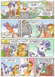 Size: 3490x4890 | Tagged: safe, artist:xeviousgreenii, character:applejack, character:rarity, character:scootaloo, oc, oc:trunkington, species:pegasus, species:pony, comic:the temple of bloom, absurd resolution, comic, elephant, flower, fly, map, mud, muddy, road sign, saddle bag, swatting, tail slap, tail whip, traditional art, tree