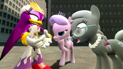 Size: 1366x768 | Tagged: safe, artist:migueruchan, character:diamond tiara, character:silver spoon, 3d, crossover, gmod, miles "tails" prower, sonic the hedgehog (series), wave the swallow