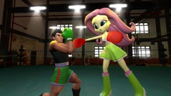 Size: 1366x768 | Tagged: safe, artist:migueruchan, character:fluttershy, my little pony:equestria girls, 3d, boots, boxing, boxing glove, clothing, crossover, gmod, high heel boots, little mac (punch out), midriff, punch out, raised leg, skirt, sports bra, tank top