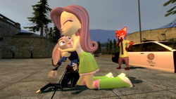 Size: 1366x768 | Tagged: safe, artist:migueruchan, character:fluttershy, species:fox, my little pony:equestria girls, 3d, boots, clothing, crossover, gmod, high heel boots, judy hopps, nick wilde, police car, police uniform, skirt, socks, tank top, zootopia