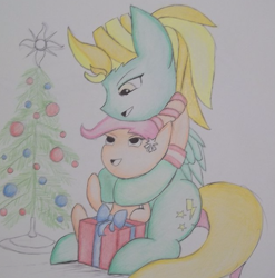 Size: 631x638 | Tagged: safe, artist:zalla661, character:lightning dust, character:scootaloo, species:pegasus, species:pony, big sister, christmas, christmas tree, headcanon, hearth warming, hug, my big sister lightning dust, present, scootalove, siblings, sisterly love, sisters, tree