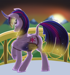 Size: 2529x2679 | Tagged: safe, artist:veesocks, character:twilight sparkle, character:twilight sparkle (alicorn), species:alicorn, species:classical unicorn, species:pony, species:unicorn, balcony, blurred background, curved horn, cute, female, folded wings, galaxy mane, leonine tail, long tail, looking at you, looking back, looking back at you, mare, plot, railing, raised tail, rear view, sparkles, sunrise, tail, two toned wings, underhoof, wings