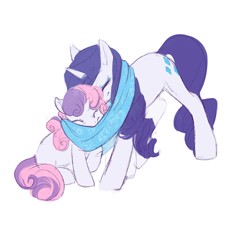 Size: 594x540 | Tagged: source needed, useless source url, safe, artist:noel, character:rarity, character:sweetie belle, clothing, female, scarf, sisterly love, sisters