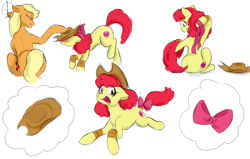 Size: 1700x1080 | Tagged: safe, artist:phuocthiencreation, character:apple bloom, character:applejack, species:pony, apple bloom's bow, applejack's hat, bow, clothing, cowboy hat, hair bow, handing over, hat, older, tail bow