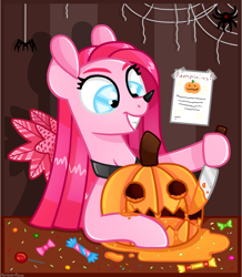 Size: 1034x1186 | Tagged: safe, artist:amberpone, character:pinkamena diane pie, character:pinkie pie, species:pony, blue eyes, candy, clothing, costume, creepy, creepy smile, digital art, eyebrows, female, flamingo, food, halloween, holiday, jack-o-lantern, knife, mare, pumpkin, pumpkin carving, shading, smiling, spider, straight hair, sweets