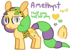 Size: 1700x1200 | Tagged: safe, artist:amberpone, oc, oc only, species:bat pony, species:pony, animal costume, bandage, bat eyes, clothing, costume, digital art, ear fluff, eyebrows, female, gecko, gray eyes, green mane, long tail, mare, original art, original character do not steal, original species, purple mane, short legs, simple background, solo, transparent background