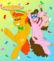Size: 400x457 | Tagged: safe, artist:crazynutbob, oc, oc only, oc:fudge fondue, oc:pizza pockets, parent:cheese sandwich, parent:pinkie pie, parents:cheesepie, boater hat, bow tie, clothing, confetti, food, glasses, gradient background, guitar, hairband, hat, midair, offspring, one eye closed, pizza, twins, wink