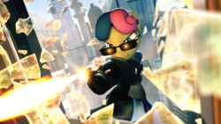 Size: 1920x1080 | Tagged: safe, artist:powdan, character:bon bon, character:sweetie drops, species:earth pony, species:pony, 3d, blaster, bon bond, building, city, clothing, glasses, gmod, hologram, laser, outfit, rappelling, shooting, uniform