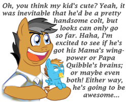Size: 954x768 | Tagged: safe, artist:crazynutbob, character:quibble pants, oc, oc:puzzle run, parent:quibble pants, parent:rainbow dash, parents:quibbledash, species:pony, annoyed, baby, colt, deadpan, male, next generation, offspring, pacifier, simple background, talking, transparent background