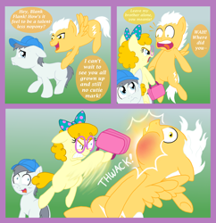 Size: 2610x2700 | Tagged: safe, artist:crazynutbob, character:silver shill, oc, oc:comedy gold, species:pony, angry, baseball cap, bow, bully, cap, clothing, colt, female, filly, freckles, glasses, hat, hit, hit with blunt object, lunchbox, male, oh crap face, protective little sister, siblings, taunting, whack, younger