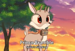 Size: 4430x3013 | Tagged: safe, artist:chiptunebrony, character:bramble, species:deer, species:pony, absurd resolution, anime, barrel, collar, english, fake, smiling, solo, subtitles, sunset, text, tree