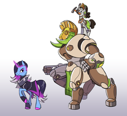 Size: 1280x1166 | Tagged: safe, artist:calicopikachu, species:centaur, species:pony, species:unicorn, species:zebra, augmented, colored hooves, efi oladele, glowing horn, gradient background, gray background, mouth hold, orisa, overwatch, ponified, raised hoof, robot, simple background, sombra (overwatch), trio, unshorn fetlocks, video game